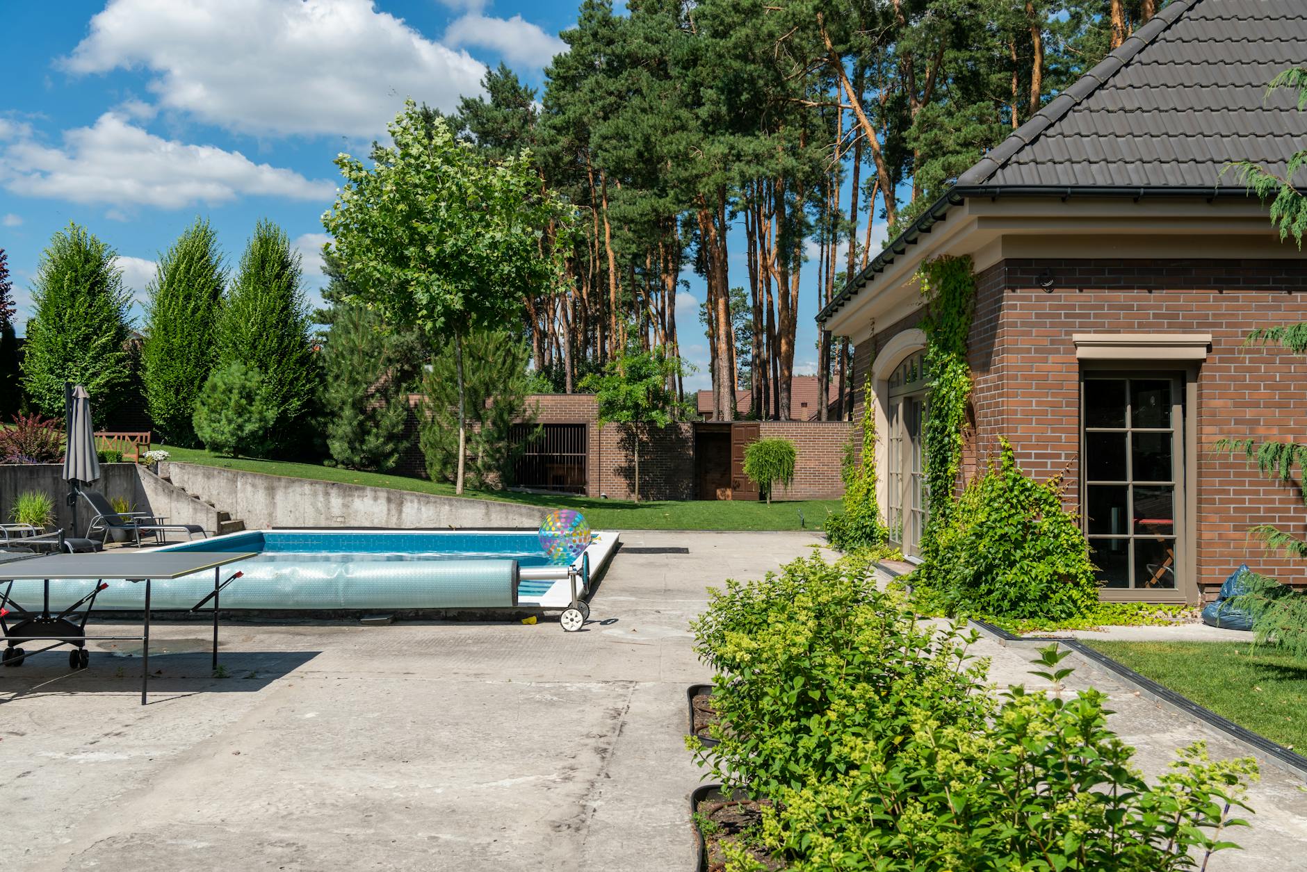Concrete patio and walkway installed in a residential backyard
